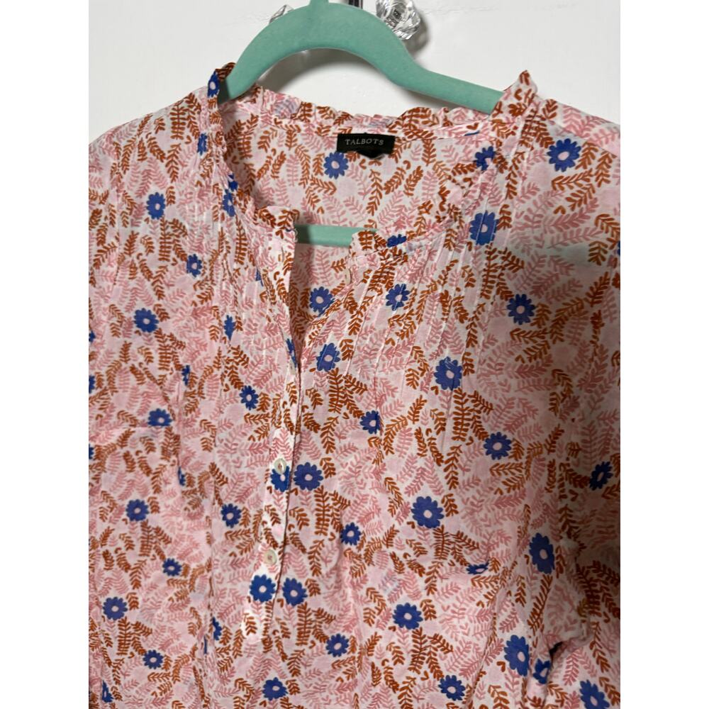 Talbots Orange Blue Floral Ruffle Spring Poplin Popover Blouse Women's Medium - Picture 4 of 8